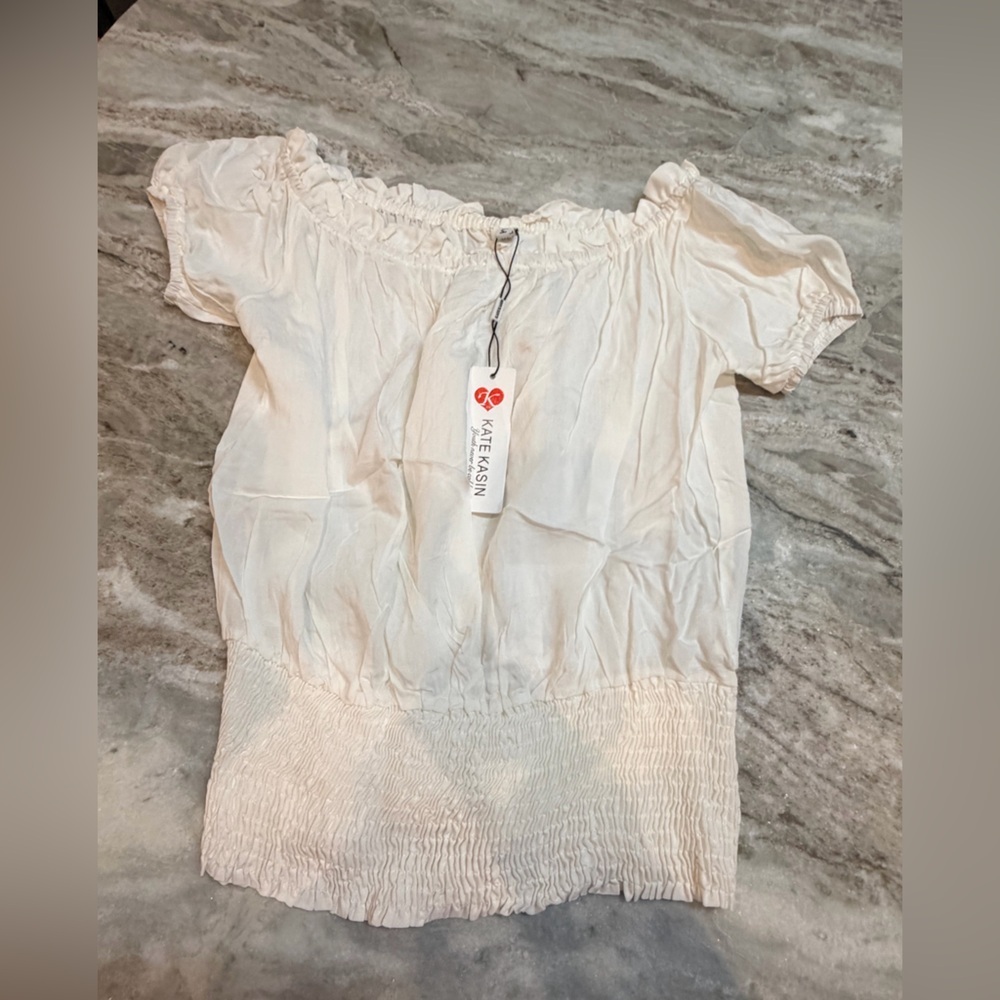 Kate Kasin Cream Smocked Waist Puff Sleeve Blouse NWT Small